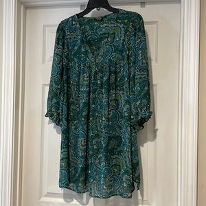 a.n.a woman blouse paisley blue & green & white 3/4 sleeve smocking
